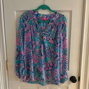 Lilly Pulitzer Blue Ruffled Long Sleeve Blouse